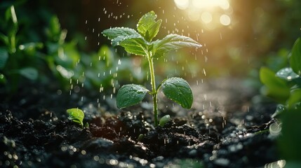 Growing Green: Sunlit Young Plant with Water Drop and Flare Effects in Lush Garden