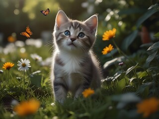 A playful kitten chasing after a fluttering butterfly in a sun-dappled garden