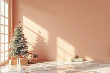 Ultra-realistic Christmas tree 3D rendering with warm hues, accompanied by copy space and a gift box