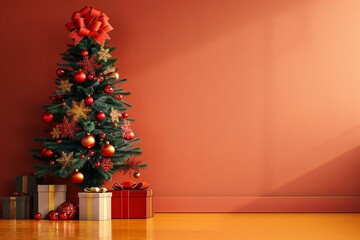 Christmas Tree 3D Rendering with Copy Space, Warm Color Palette, and Gift Box