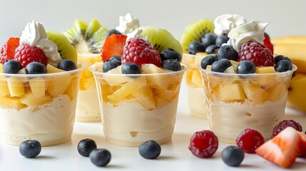 exotic fruit pudding cups on transparent background with sliced strawberries, black blueberries,...