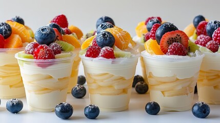 exotic fruit pudding cups on transparent background, featuring red raspberries, blueberries, and...