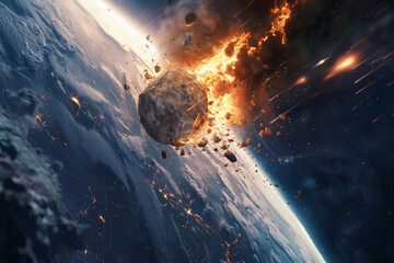 A rock crashing into planet earth. Disaster from space. Last day of earth.