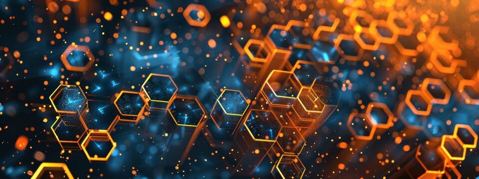 Abstract background with glowing hexagons in black and blue colors, orange light on the right side, hyper realistic in the style of cinematic.