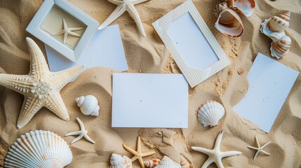 On the beach, a hat, sunglasses, seashells, starfish, and photos are scattered on the sand. The aqua water creates a stunning landscape for leisure and fun events AIG50