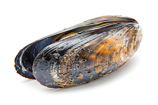 A closeup of a mussel shell, isolated on white