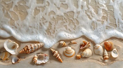 Various mollusc shells are scattered on the sandy beach, creating a beautiful pattern. These natural materials originate from the water and terrestrial animals AIG50