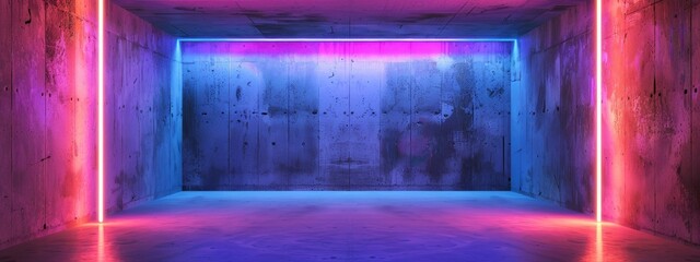 Abstract empty room with concrete wall, neon light, pink and blue colors, 3d rendering.