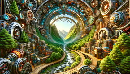 Fototapeta premium In a steampunk fantasy world, a lush valley cradles a winding river, surrounded by gears, steam-powered devices, and verdant foliage, blending nature and intricate machinery in a mesmerizing landscape
