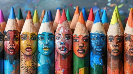Multinational Family and Global Equality Illustrated by Color Pencils with Painted Faces - Conceptual Representation - obrazy, fototapety, plakaty