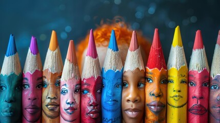 Multinational Family and Global Equality Illustrated by Color Pencils with Painted Faces - Conceptual Representation - obrazy, fototapety, plakaty