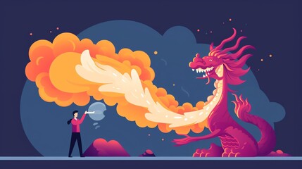 A brave man tames a fire-breathing dragon with a single bubble.