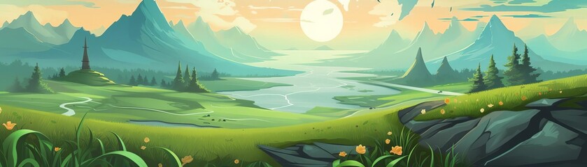 Generate a concept art image of a beautiful fantasy landscape. Include mountains, a river, and a meadow. Make the colors vibrant and the atmosphere serene.