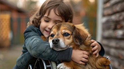 Child hugging a dog in a wheelchair, Promoting empathy and understanding - obrazy, fototapety, plakaty