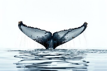 A humpback whale tail emerging from water, isolated on a white background