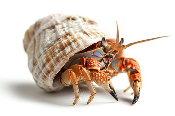 A closeup of a hermit crab emerging from its shell, isolated on white