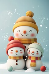 Cute 3D snowman icons in clay material, creating a Christmas ambiance