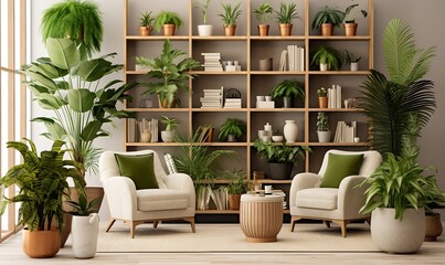 Interior of modern living room with green plants, armchairs and coffee table