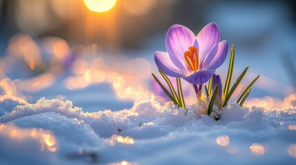 Crocus Blooms: Sunlit Growth in Winter Snow