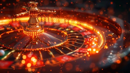 Roulette wheel glows with warm lights, enhancing the gambling scene.