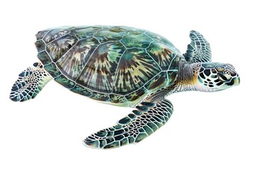 Fototapeta premium A green sea turtle, seen from above, isolated on a white background