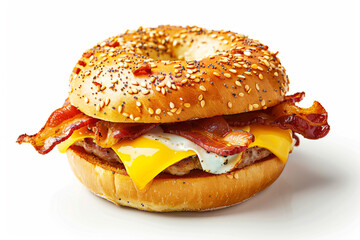 a bagel sandwich with bacon  cheese and eggs
