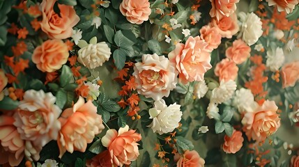 Flower texture background for wedding scene. Roses, peonies and hydrangeas, artificial flowers on the wall. Banner for  website.