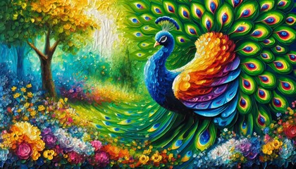 A vibrant, textured painting of a peacock in a garden, with its tail fanned out. © FantasyLand86