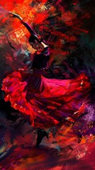 Highlight the graceful twirls of a Flamenco dancer at eye-level angle Incorporate bold