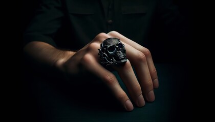 A hand wearing a ring shaped like a skull, emphasizing dark shadows and hollow eye sockets in a gothic style.