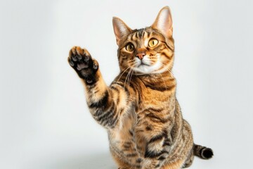 A cat with a paw raised in the air, looking at the camera