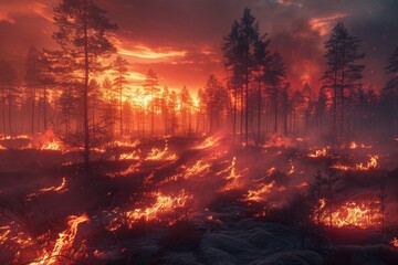 A forest fire is raging through a wooded area