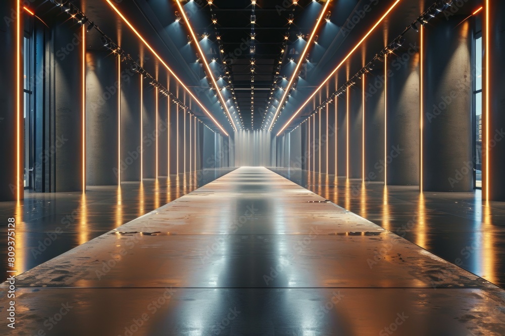 Canvas Prints A long, empty hallway with orange lights shining down on the floor. Fashion show catwalk or podium stage