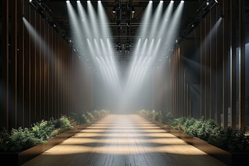 A long hallway with a spotlight on the floor. Fashion show catwalk or podium stage