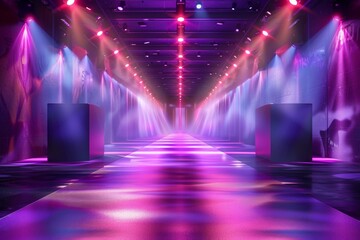 A long hallway with purple lights and boxes. Fashion show catwalk or podium stage