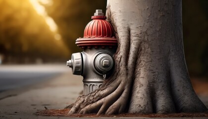 A detailed close-up image of a fire hydrant almost completely surrounded by a tree trunk, with only the top visible. - Powered by Adobe