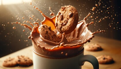 A detailed close-up image of cookies splashing into a mug of hot chocolate.
