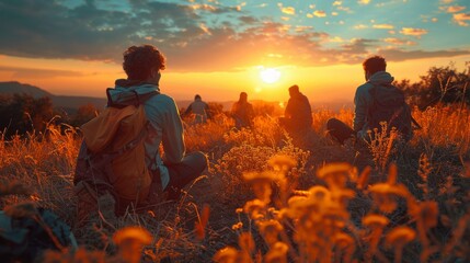 Group of people enjoying a scenic sunset in a blooming field