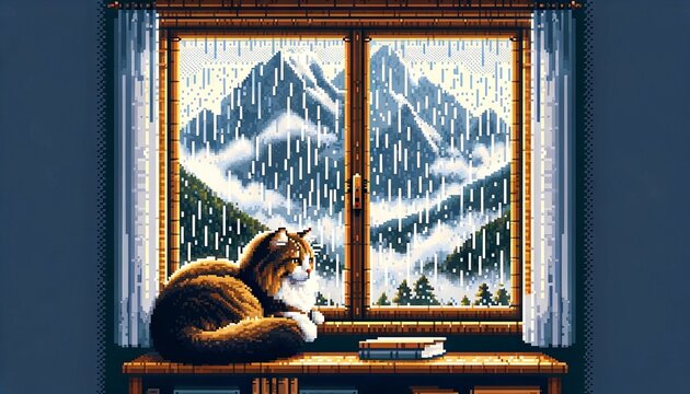 A pixel art scene depicting a cat lounging on a windowsill with the rainy mountain scenery visible through the window.