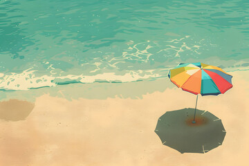 Colorful beach umbrella set against sandy shores and crystal-clear waters. Coastal paradise