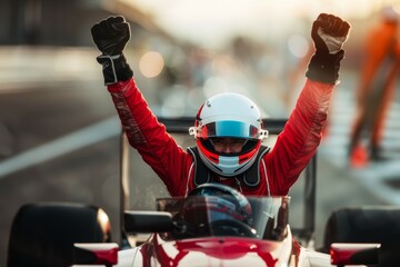 Obraz premium A man in a red racing suit is celebrating his victory on a racetrack