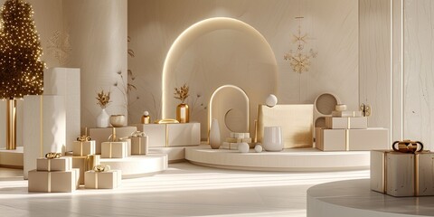 Stylish gift boxes adorned with golden arches against a clean white background. Opulent presents.