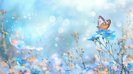 Beautiful spring background with blue flowers and butterfly, open space. Blue sky, soft focus, pastel colors, banner design. 