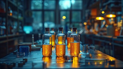 Amber-colored liquids in glass bottles on a laboratory workspace