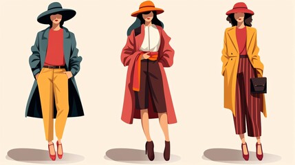 Three fashionable women in stylish clothes and hats.