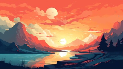 The setting sun casts a golden glow on the lake and mountains. The sky is ablaze with color, and the scene is one of peace and tranquility.