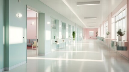 Interior of a modern office with a long corridor.