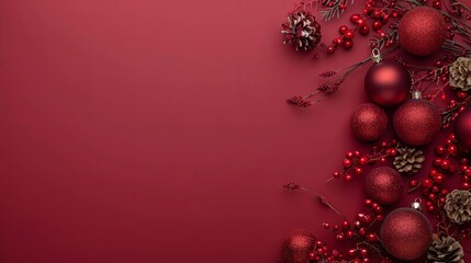 Simplistic Christmas Decor on Bordeaux Background with Ample Space for Text or Ads