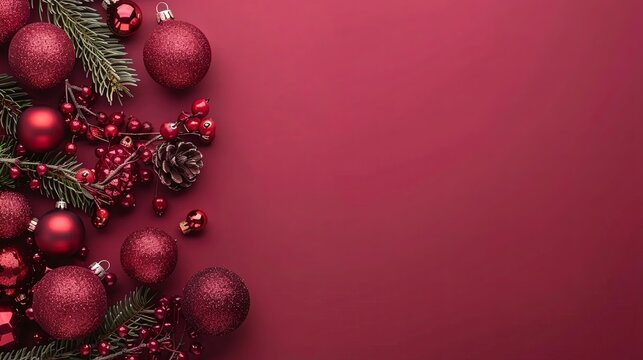 Modern Christmas Decor on Bordeaux Background with Space for Text or Ads