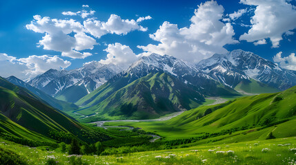 Breathtaking Panorama of Snow-capped US Mountains Amidst Vibrant Greenery and Bright Azure Sky